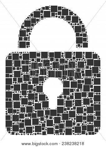 Lock Mosaic Icon Of Square Shapes And Spheric Dots In Various Sizes. Vector Objects Are Formed Into 