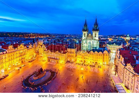 Buildings On The Old Town Square Staromestska Namesti With Tyn Church In Prague During Sunset, Czech
