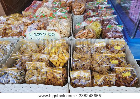 Variety Of Malaysian Traditional Sweet Food With A Price Tag On The Street Market Of Oriental Villag