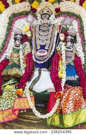 Statues Of The Indian Gods. Brahma, Vishnu Durga Shiva Ganesha, Made With Flowers For The The Masi M