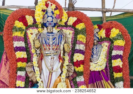 Statues Of The Indian Gods. Brahma, Vishnu Durga Shiva Ganesha, Made With Flowers For The The Masi M