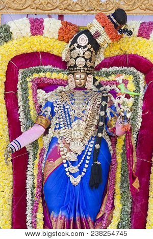 Statues Of The Indian Gods. Brahma, Vishnu Durga Shiva Ganesha, Made With Flowers For The The Masi M