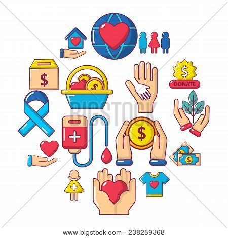 Charity Icons Set. Carrtoon Illustration Of 16 Charity Vector Icons For Web