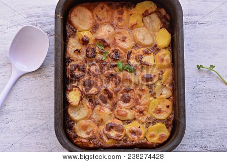 Moussaka, Potato-based Dish Popular In Balkan And Mediterranean Cuisines/ Traditional Greek Moussaka