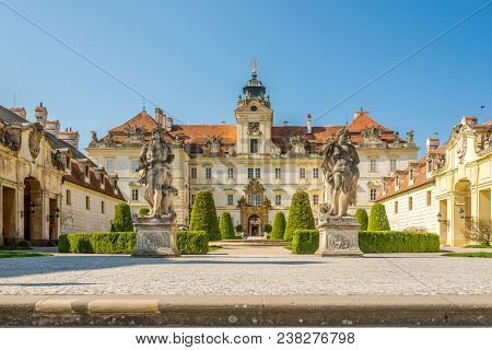 Valtice, Czech Republic - April 19,2018 - View At The Valtice Castle. The Town Valtice Was Founded I