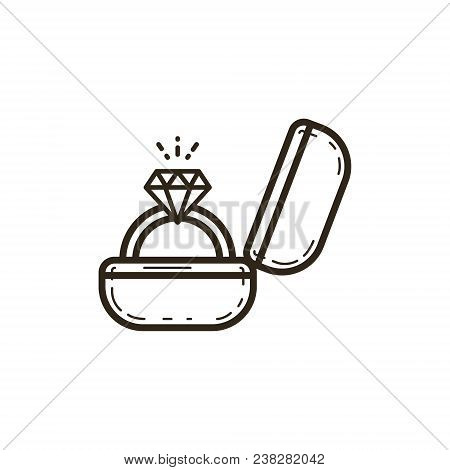 Black And White Linear Icon Of A Box With A Ring And A Precious Ston