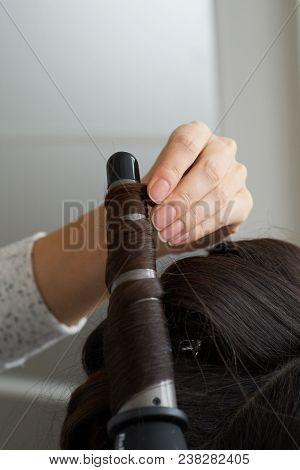 Fashion Hairdresser Doing Hairstyle To Young Woman Client Making Perm Professional Styler For Curl O
