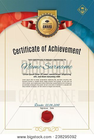 Official Certificate With Red Turquoise Wave Design Elements. Red Ribbon And Gold Emblem. Classical 