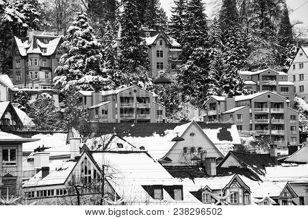 St Gallen, Switzerland. Aerial View Of Residential Homes Covered In Snow. Winter In St Gallen, Switz