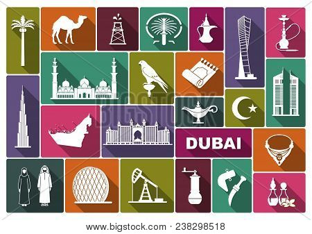 Dubai Culture Travel Icons Set. Vector Illustration