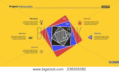 Five Squares Process Chart Slide Template. Business Data. Strategy, Step, Design. Creative Concept F