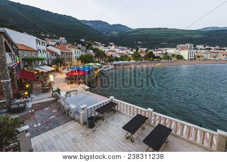Petrovac, Montenegro - May 28th, 2016.  City Lights, Restaurants, Marina And Evening Promenade At Pa