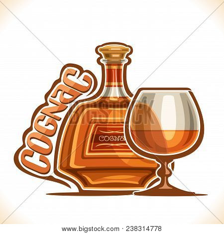 Vector Illustration Of Alcohol Drink Cognac, Poster With Bottle Of Premium French Brandy And Half Fu