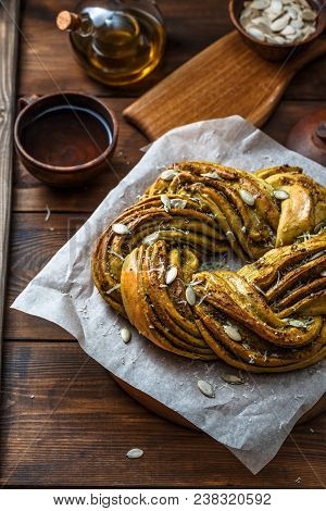 Babka Brioche Wreath With Pesto And Parmesan.