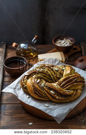 Babka Brioche Wreath With Pesto And Parmesan.