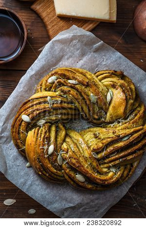 Babka Brioche Wreath With Pesto And Parmesan.