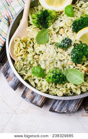 Traditional Pasta Tripoline With Pesto And Broccoli In A Plate On The Table. Selective Focus.