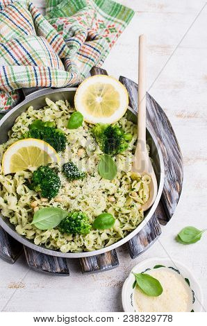 Traditional Pasta Tripoline With Pesto And Broccoli In A Plate On The Table. Selective Focus.