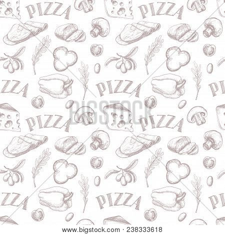 Seamless Pattern With Ingredients For Pizza Such As Olives, Mozzarella, Arugula, Ham, Cheese, Pepper