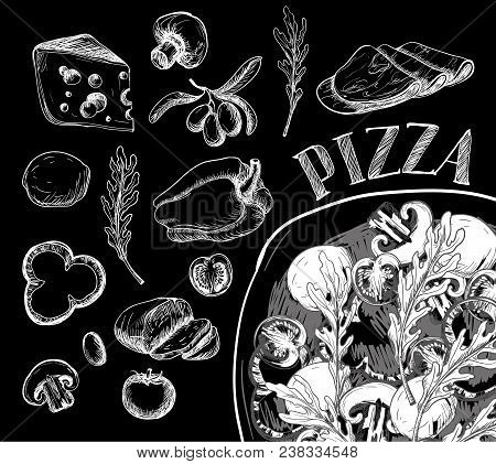 Ingredients For Pizza Such As Olives, Tomato,  Mozzarella, Arugula, Ham, Cheese, Pepper, Drawn In A 