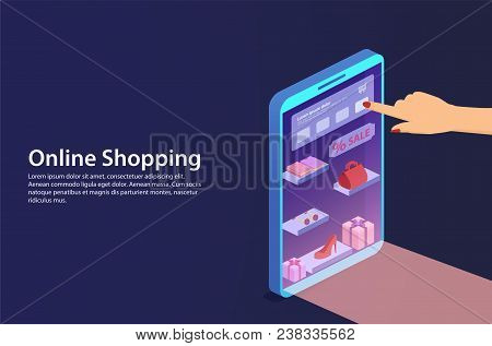 Concept Online Shopping From Smartphone. Hand Makes Purchase Using Smartphone.