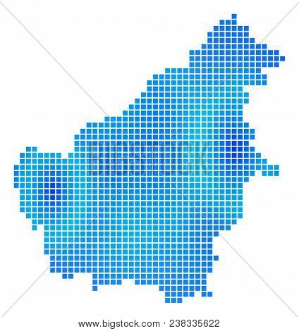 Blue Dot Borneo Island Map. Vector Geographic Map In Cold Blue Color Tints. Vector Collage Of Borneo