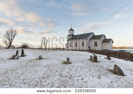 The Parish Church In Gimsoya And Its Cemetery On The North Coast Of Lofoten. Nordland County, Norway