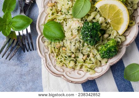 Traditional Pasta Tripoline With Pesto And Broccoli In A Plate On The Table. Selective Focus.