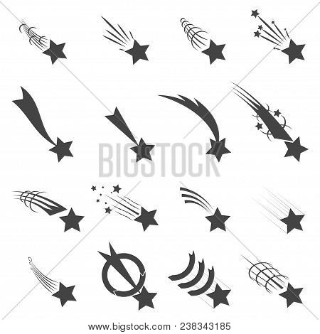 Meteorites And Comets Collection. Falling Stars With Different Tails Set