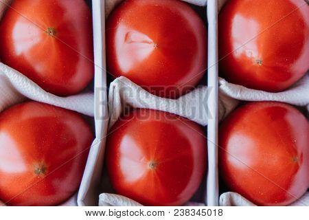Tomatoes In A Box, Fruits Lie Separately. Close Up, Top View