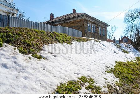 Serpuhov, Russia - April, 5, 2018: small house in Serpuhov, Moscow region, in winter
