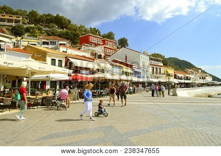 Paxos Harbour, Greece - October 01, 2017 : Paxos Tourist Visiting The Small Island South Of Corfu A 
