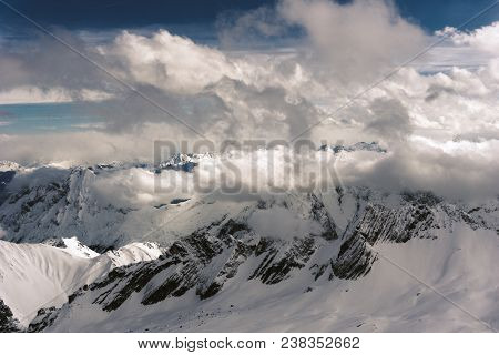 View To The Great Snowcapped Mountains Of The Bavarian Alps In Germany.
Close-up Of The Beautiful Wh