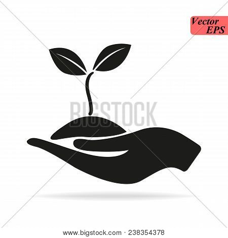 Leaves On Hand Icon In Trendy Flat Style Isolated On White Background. Symbol For Your Web Site Desi