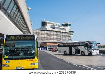 Berlin Germany - April 21. 2018: Buses In Front Of Berlin-tegel, Otto Lilienthal Airport Terminal