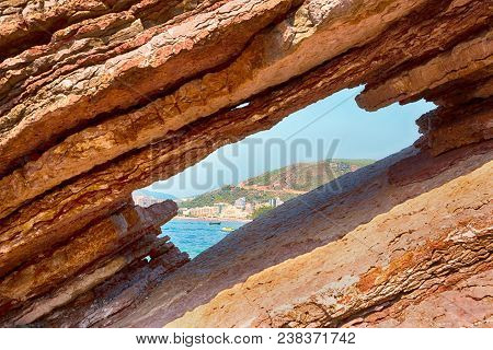 Scenic Layered Rocks In The Sea. Rafailovici. Montenegro. Beautiful Nature Horizontal Wallpaper