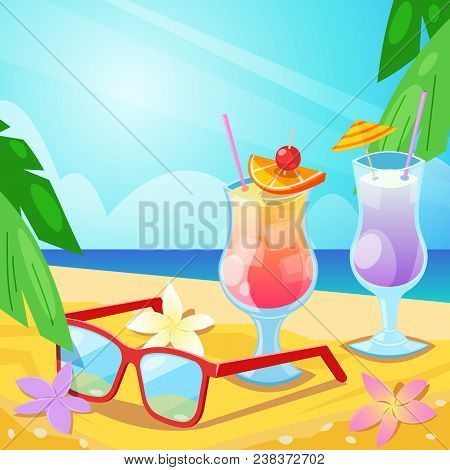 Tropical Summer Beach, Alcohol Beverages And Red Sunglasses On Sand. Vector Bar Illustration. Iced T