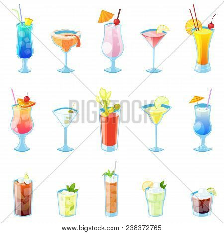 Tropical Alcohol Cocktails Vector Illustration. Set Of Isolated Beverages And Drinks Icons.