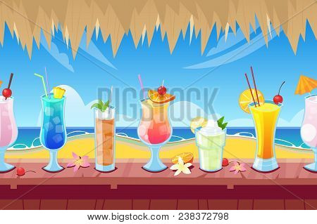 Seamless Horizontal Background With Wooden Bar Counter And Alcohol Cocktails And Beverages On Desk. 