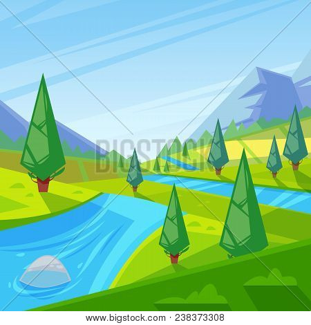 Summer, Spring Green Landscape. Vector Illustration Of Hills, Meadows And Mountains. Nature Outdoor 