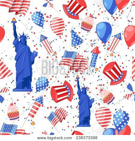 Usa Seamless Pattern. Vector Print Background. American National Symbols, Celebration Independence D