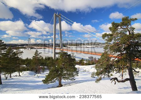 View On High Coast Bridge In Sweden.