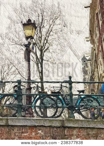 Beautiful Ditital Textured Painting Of Dutch Bicycles On A Bridge In Amsterdam With Buildings In The