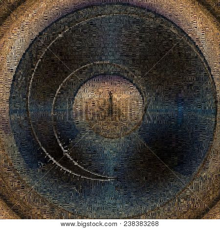 Surreal digital art. Man walks on a stones road to Heaven. Spirals of time. Picture is composed entirely of the words. 3D rendering