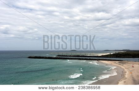 Duranbah Beach And Breakwall At The Entrance Of Tweed River On A Cloudy Day. Duranbah Beach, Officia