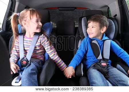 Cute children with fastened seatbelts in car