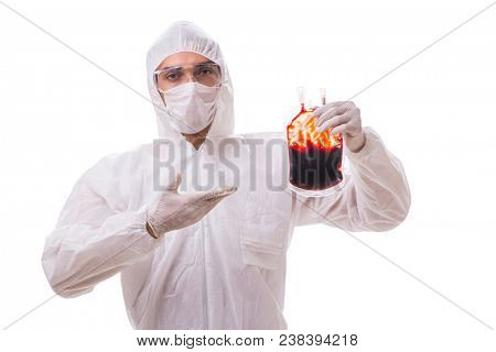 Epidemiologist with blood sample isolated on white background