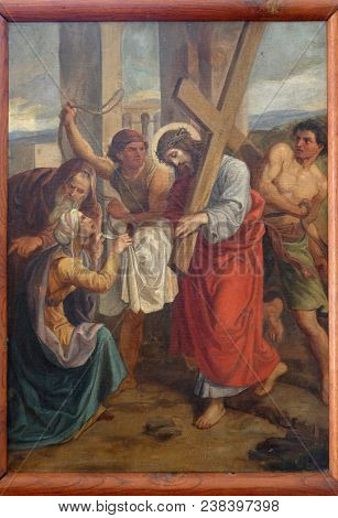 SISAK, CROATIA - DECEMBER 07: 6th Stations of the Cross, Veronica wipes the face of Jesus, Church of Visitation of the Virgin Mary in Sisak, Croatia, on December 07, 2017.
