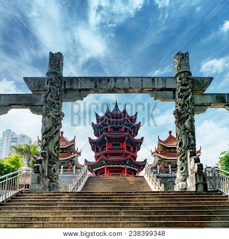 The Famous Chinese Classical Architecture Is Located On The Bank Of The Jiulong River, Weizheng Pavi
