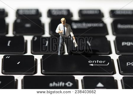 Teacher And White Notebook Keyboard. Computer Keyboard Macrophoto. Enter Button Closeup. Internet Bu